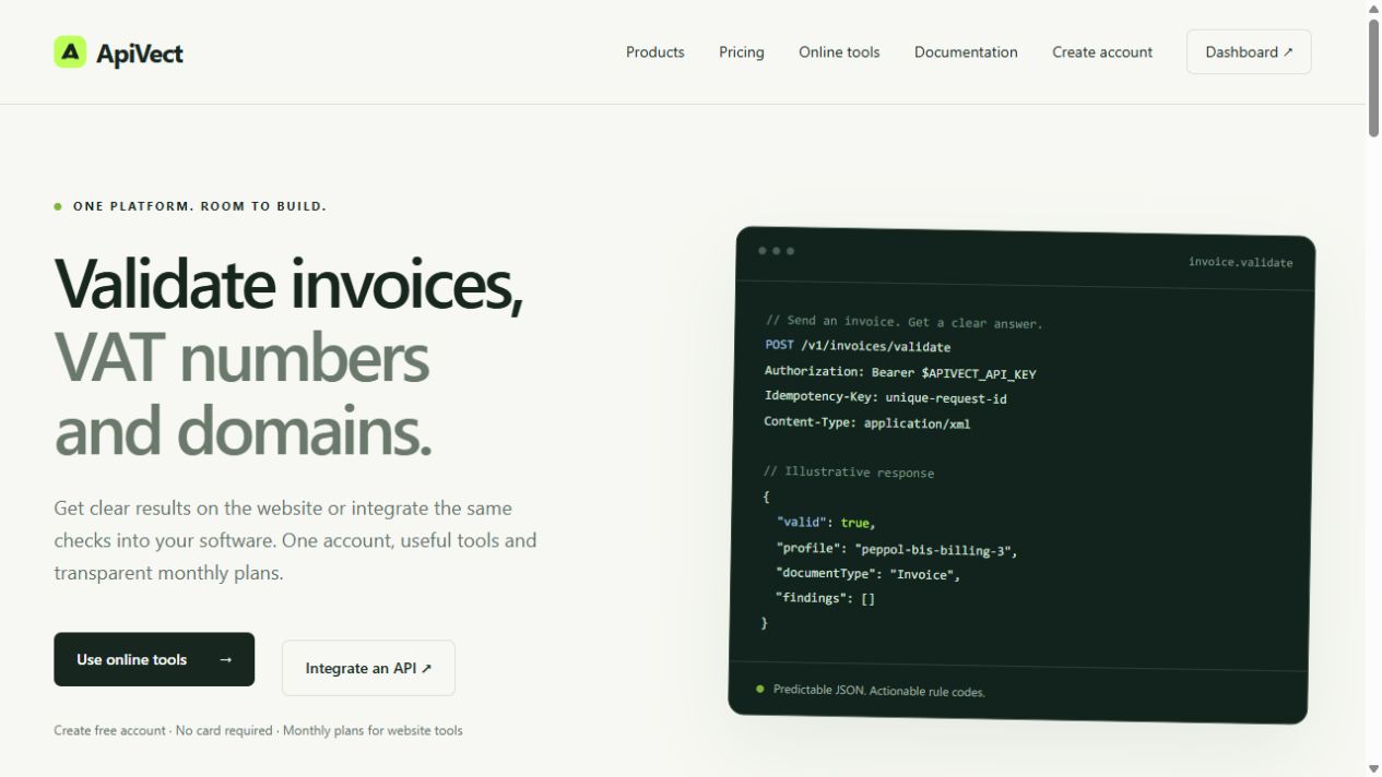 Screenshot af ApiVect.com med API-platformens forside, navigation og eksempel på fakturavalidering