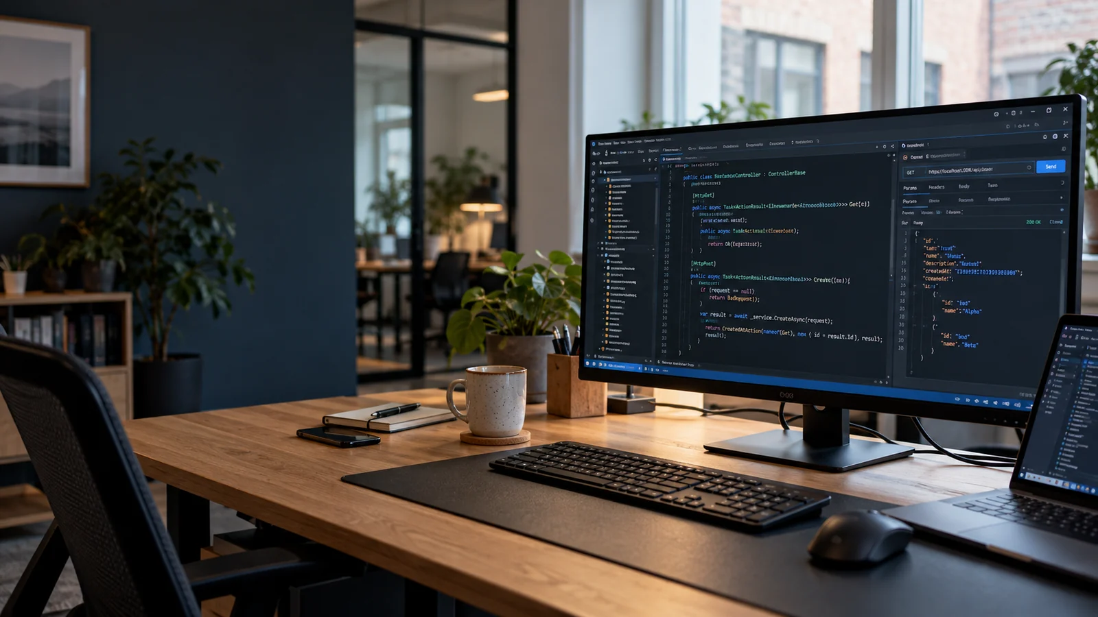 Udviklingsarbejdsplads med kode på en computerskærm Udviklingsarbejdsplads med kode på en computerskærm