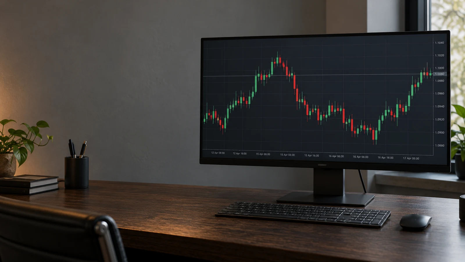 Valutagraf på en computerskærm med grønne opadgående og røde nedadgående candles Valutagraf på en computerskærm med grønne opadgående og røde nedadgående candles