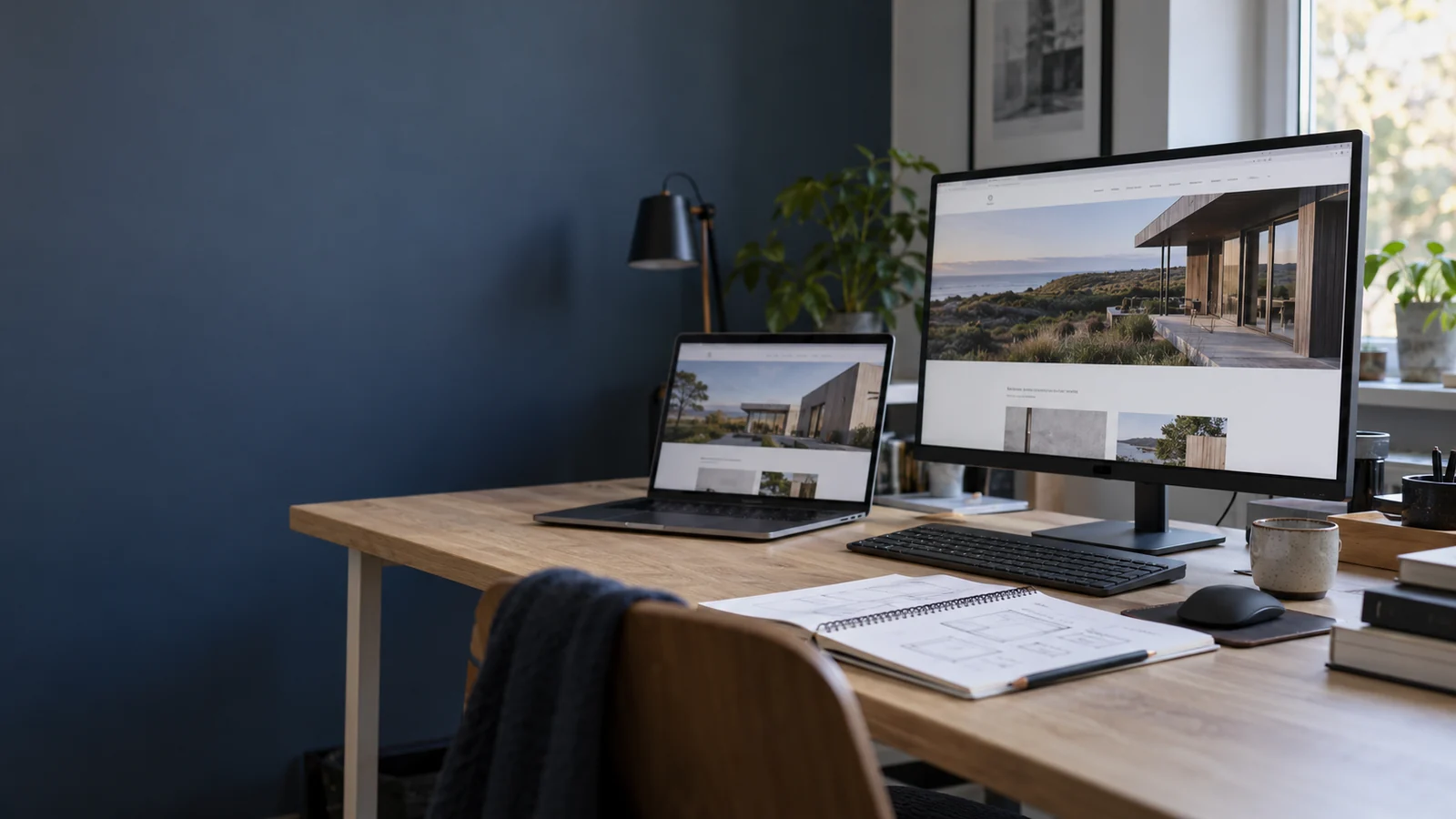 Arbejdsbord med computer og laptop til design af hjemmesider Arbejdsbord med computer og laptop til design af hjemmesider