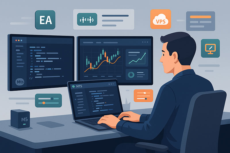 Automatiseret trading og EA-udvikling i MetaTrader 5 Finansudvikler arbejder i MetaTrader 5 med Expert Advisor-strategier, markedsdata og backtesting