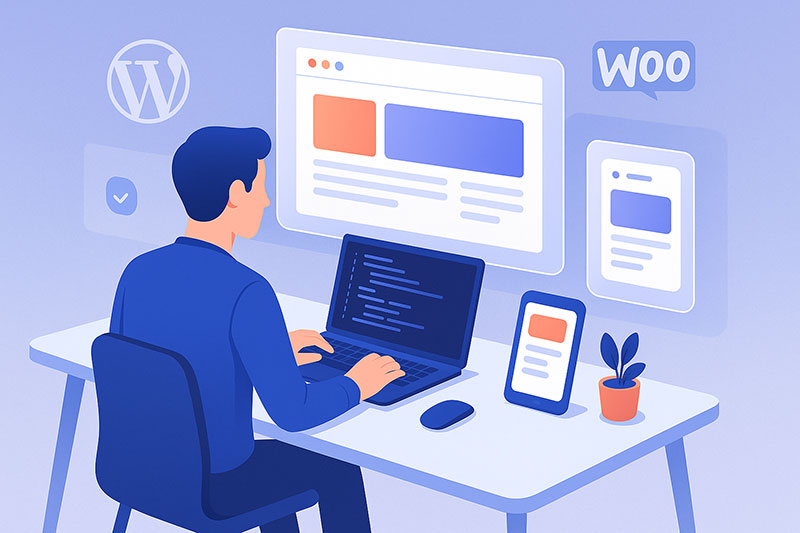 Responsiv webudvikling med WordPress og WooCommerce Webudvikler ved skrivebord med laptop, der viser responsive webdesign og WordPress/WooCommerce-ikoner