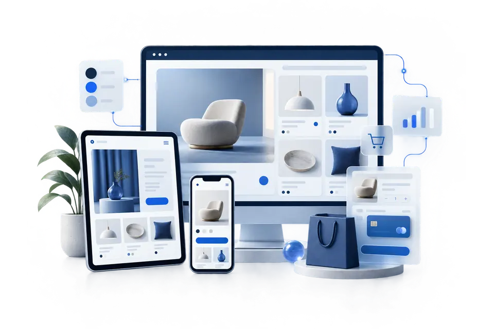 Responsivt webdesign og webshop på computer, tablet og mobil