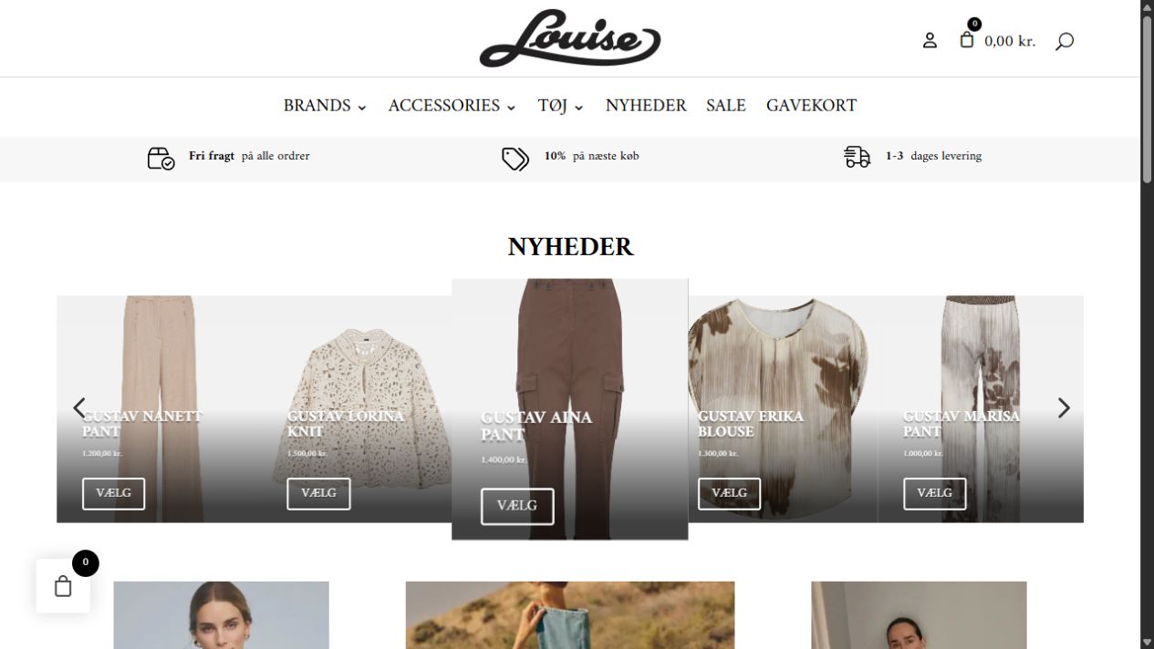 Butik Louises webshop med navigation, produktnyheder og online bestilling af damemode