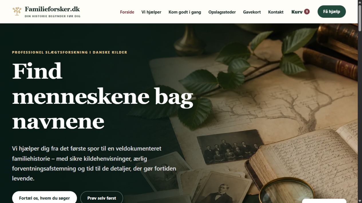 Den opdaterede forside på Familieforsker.dk med professionel slægtsforskning og tydelig navigation