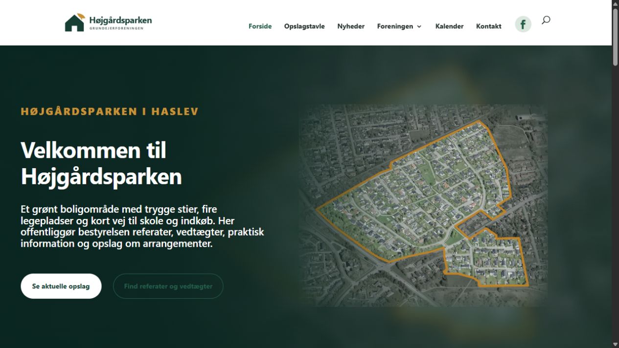 Højgaardsparkens forside med kort over boligområdet, navigation og adgang til opslag og dokumenter