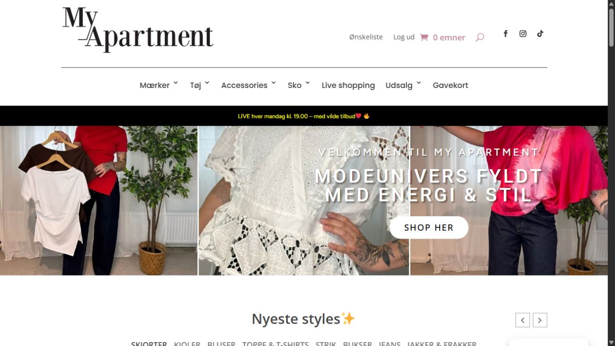 MyApartments webshop med navigation, modekampagne og adgang til de nyeste styles