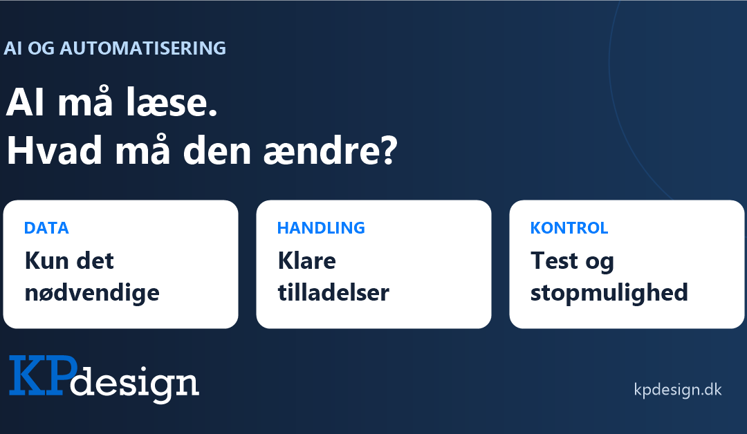 AI i arbejdsgange: Kun nødvendige data, klare tilladelser og test med stopmulighed. KPdesigns originale logo.