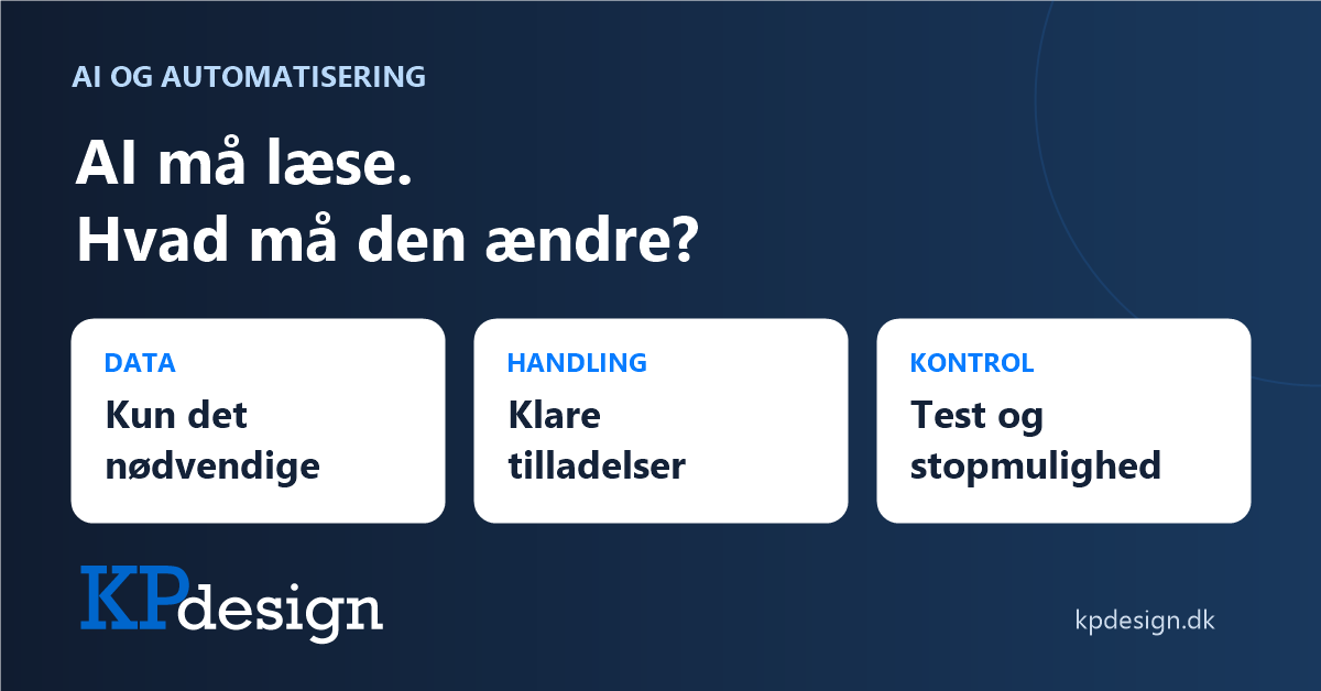 AI i arbejdsgange: Kun nødvendige data, klare tilladelser og test med stopmulighed. KPdesigns originale logo.