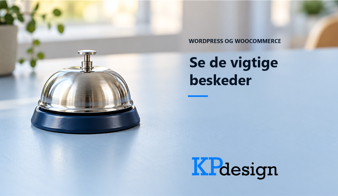 En fotorealistisk bordklokke i stål på et lyseblåt skrivebord. Teksten Se de vigtige beskeder og ét originalt KPdesign-logo med blå KP og sort design.