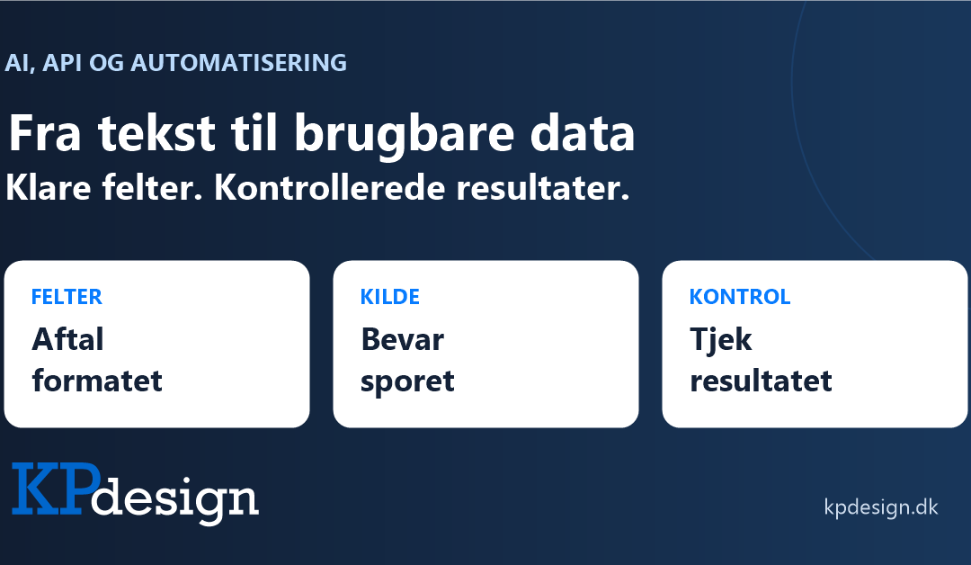 Fra tekst til brugbare data. Klare felter og kontrollerede resultater. Tre trin: aftal formatet, bevar sporet og tjek resultatet. Originalt KPdesign-logo.