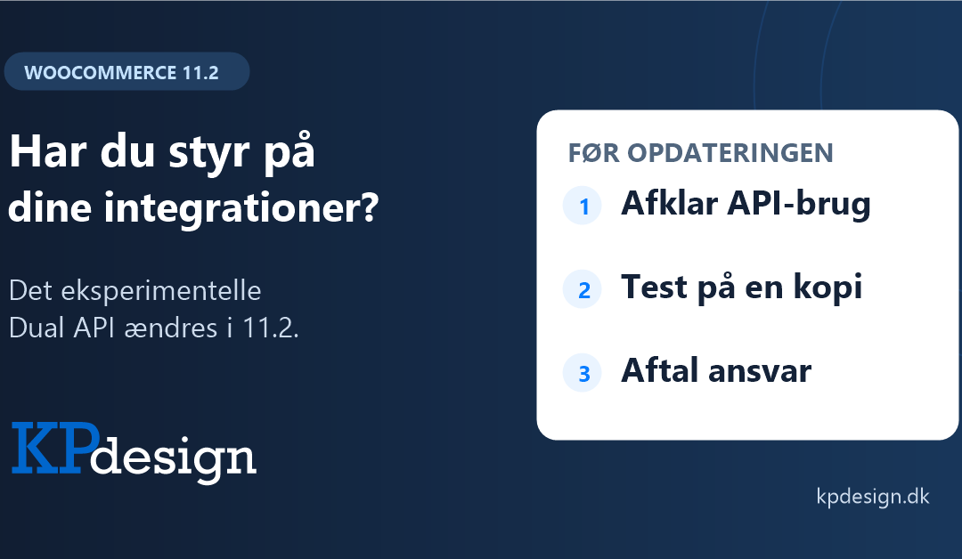 WooCommerce 11.2: Afklar API-brug, test på en kopi og aftal ansvar. KPdesigns originale logo.
