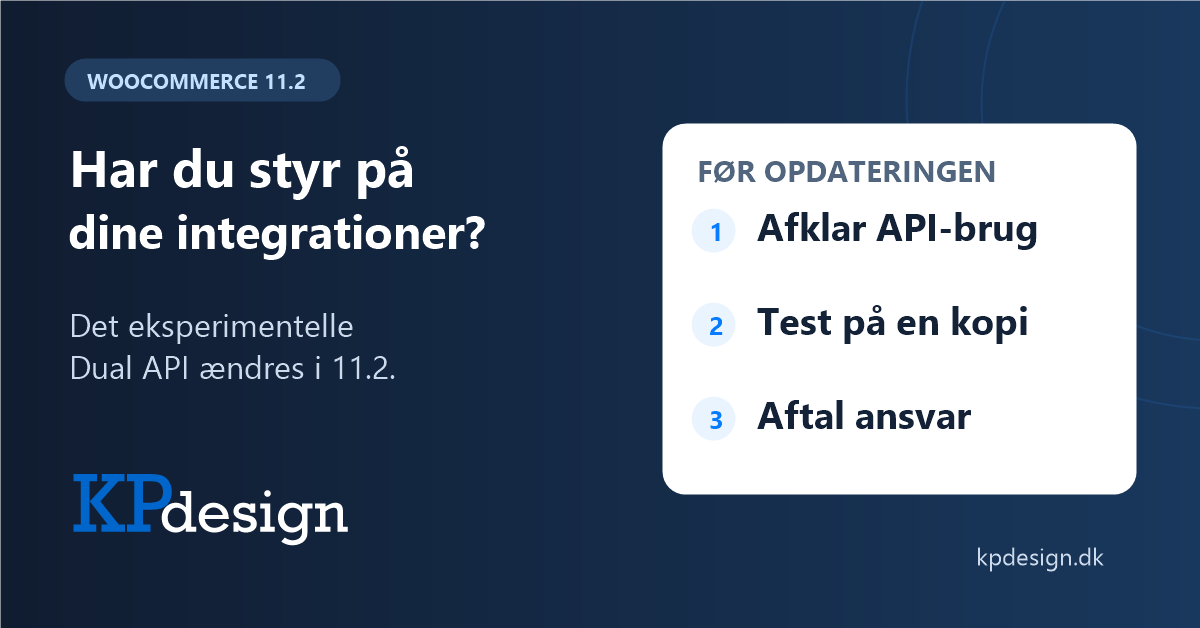 WooCommerce 11.2: Afklar API-brug, test på en kopi og aftal ansvar. KPdesigns originale logo.