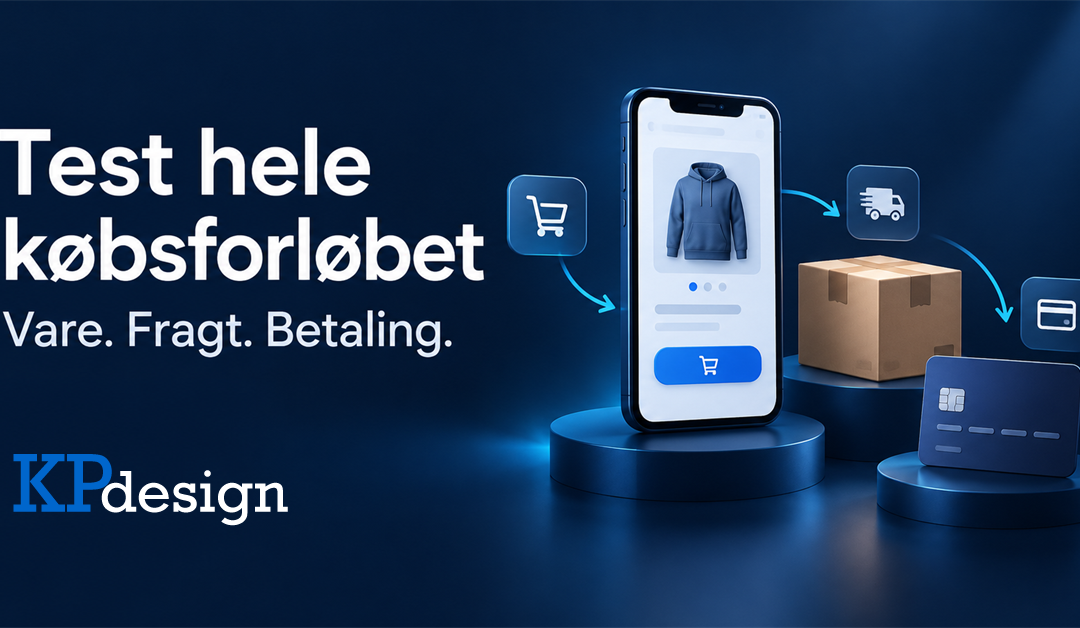 Illustration af køb på mobilen med varevalg, fragt og betaling samt KPdesigns originale logo.