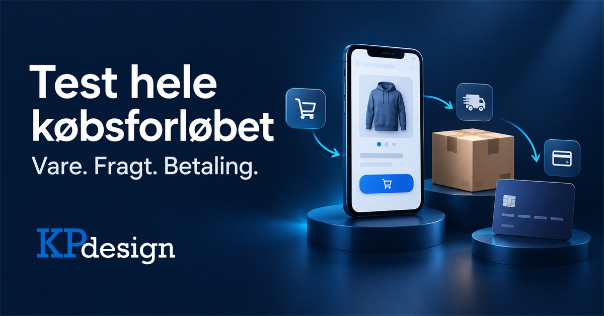 Illustration af køb på mobilen med varevalg, fragt og betaling samt KPdesigns originale logo.