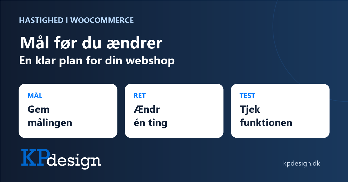 Hastighed i WooCommerce: Mål før du ændrer. Gem målingen, ret én ting og test funktionen. KPdesigns originale logo.
