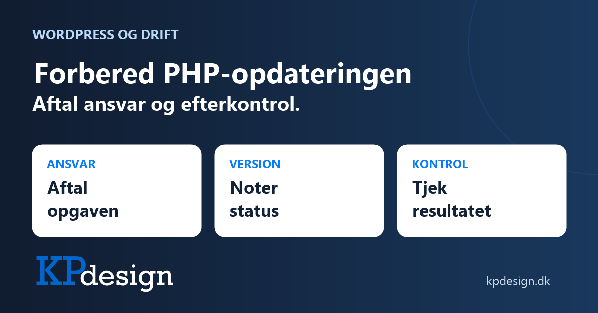 Forbered PHP-opdateringen. Aftal ansvar, noter version og kontroller resultatet. Originalt KPdesign-logo på mørk emnegrafik.