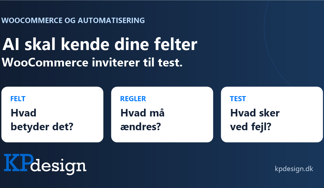 AI skal kende dine felter. WooCommerce inviterer til test. Tre punkter: felt, regler og test. Originalt KPdesign-logo.