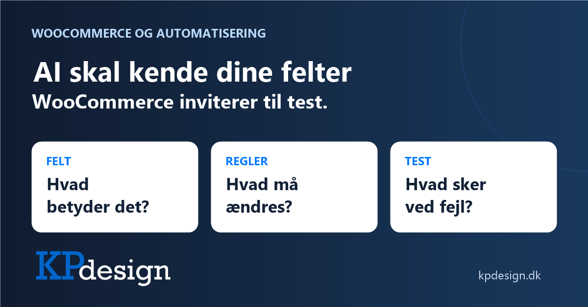 AI skal kende dine felter. WooCommerce inviterer til test. Tre punkter: felt, regler og test. Originalt KPdesign-logo.