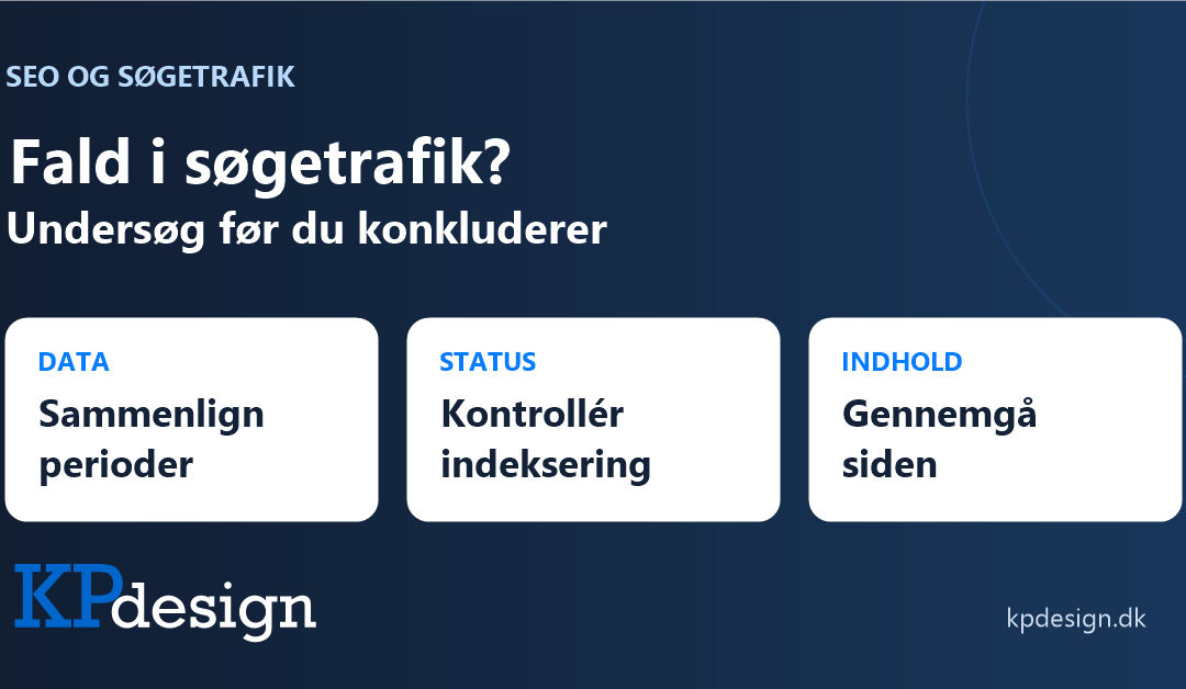 Fald i søgetrafik? Sammenlign perioder, kontrollér indeksering og gennemgå siden. KPdesigns originale logo.