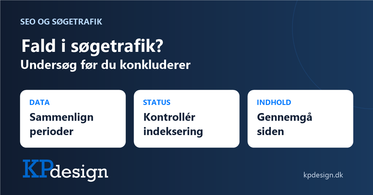 Fald i søgetrafik? Sammenlign perioder, kontrollér indeksering og gennemgå siden. KPdesigns originale logo.