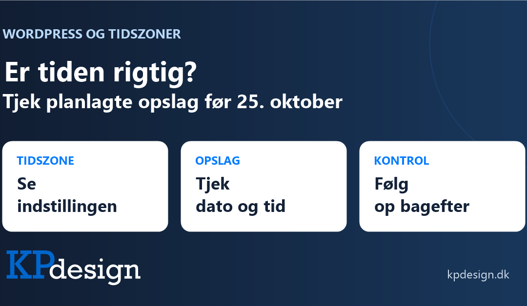 Er tiden rigtig? Tjek planlagte opslag før 25. oktober. Tre trin: tidszone, opslag og kontrol. Emnegrafik med originalt KPdesign-logo.