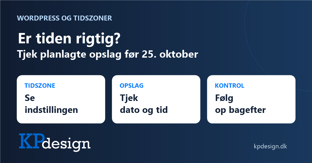 Er tiden rigtig? Tjek planlagte opslag før 25. oktober. Tre trin: tidszone, opslag og kontrol. Emnegrafik med originalt KPdesign-logo.